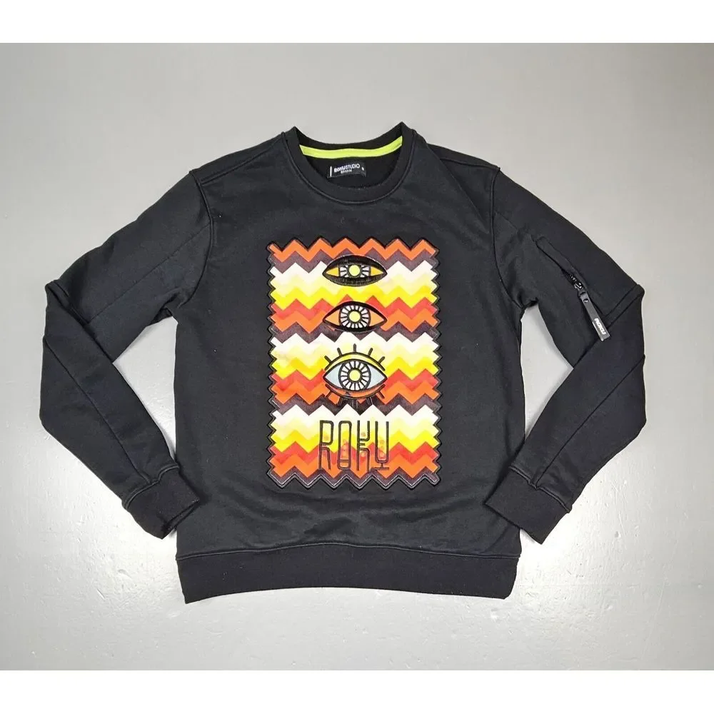 Roku Studio Sweater Mens Medium. Black Crewneck Longsleeve. Big Logo Zip Sleeve.